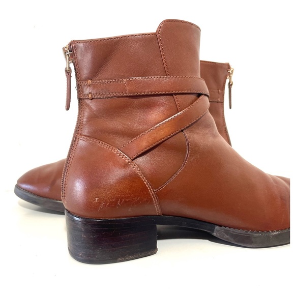 Tory Burch Sidney Low Heel Leather Ankle Bootie in Penny Brown Golden Logo Boots - Picture 12 of 13